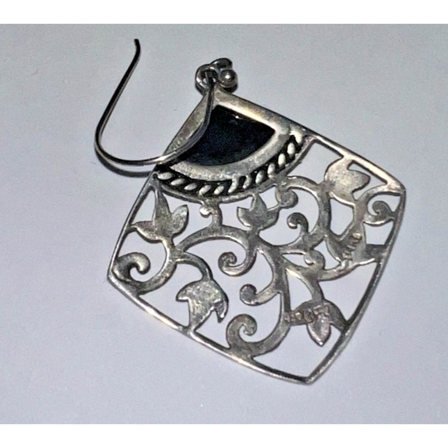 Vintage Sterling Silver Black Onyx Filigree Dangle Earrings Signed CFJ 5gr