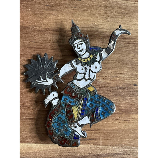 Vintage Siam Sterling Silver Enamel Dancer Brooch 5.9g Hand-Painted Thai Jewelry
