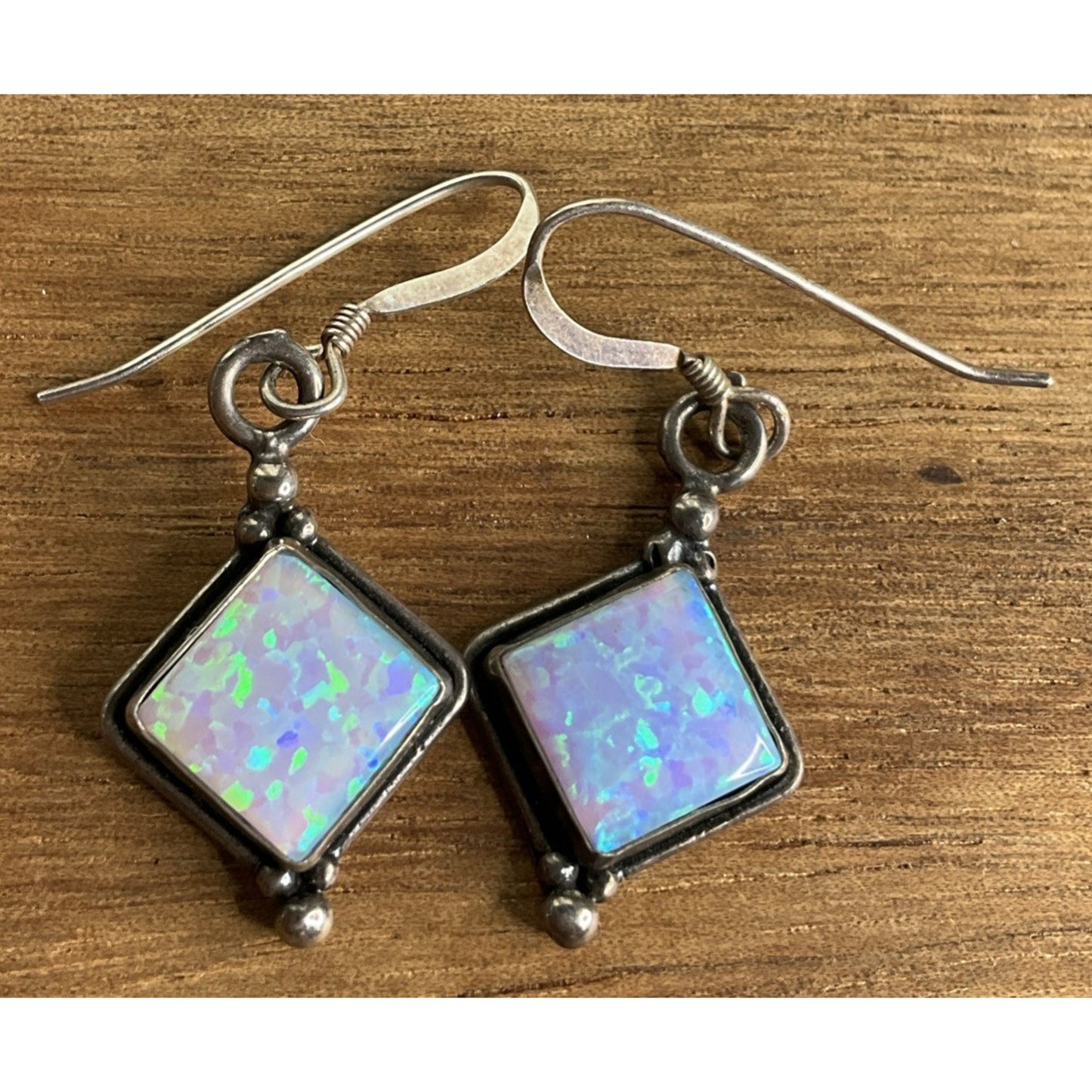 Vintage Sterling Silver Geometric Blue Iridescent Fire Opal Dangle Drop Earrings