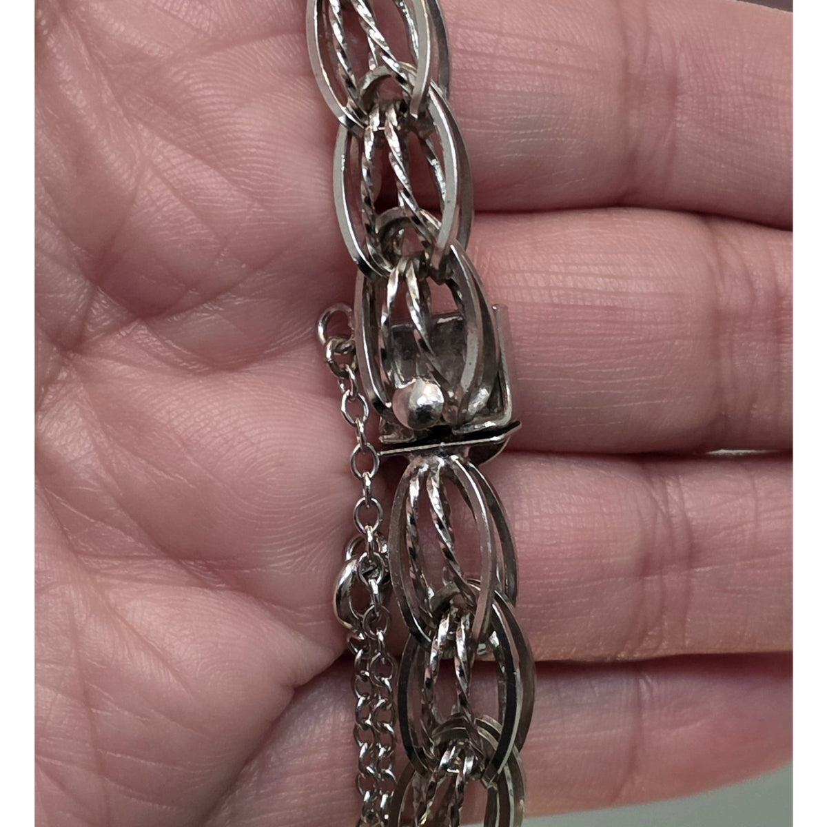 Vintage Silver Silver Braided Woven Oval Twisted Diamond Cut Link Bracelet 7.5”