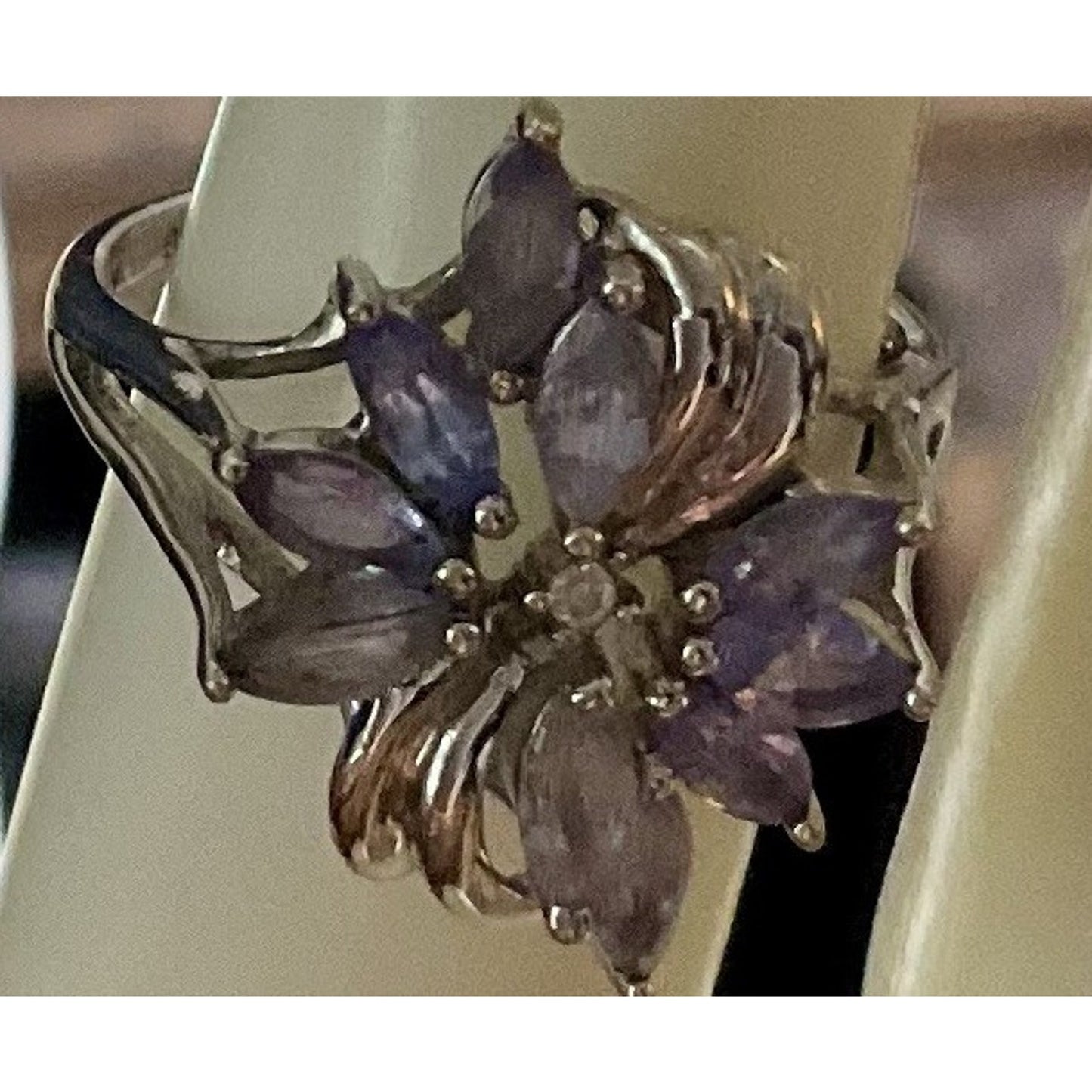 Sterling Silver 925 Lavender Lilac Stone Floral Cluster Ring Marquise Cut Size 7