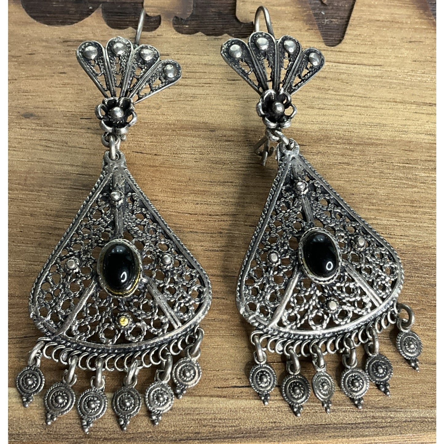 Vintage Sterling Silver Filigree Black Onyx Chandelier Earrings