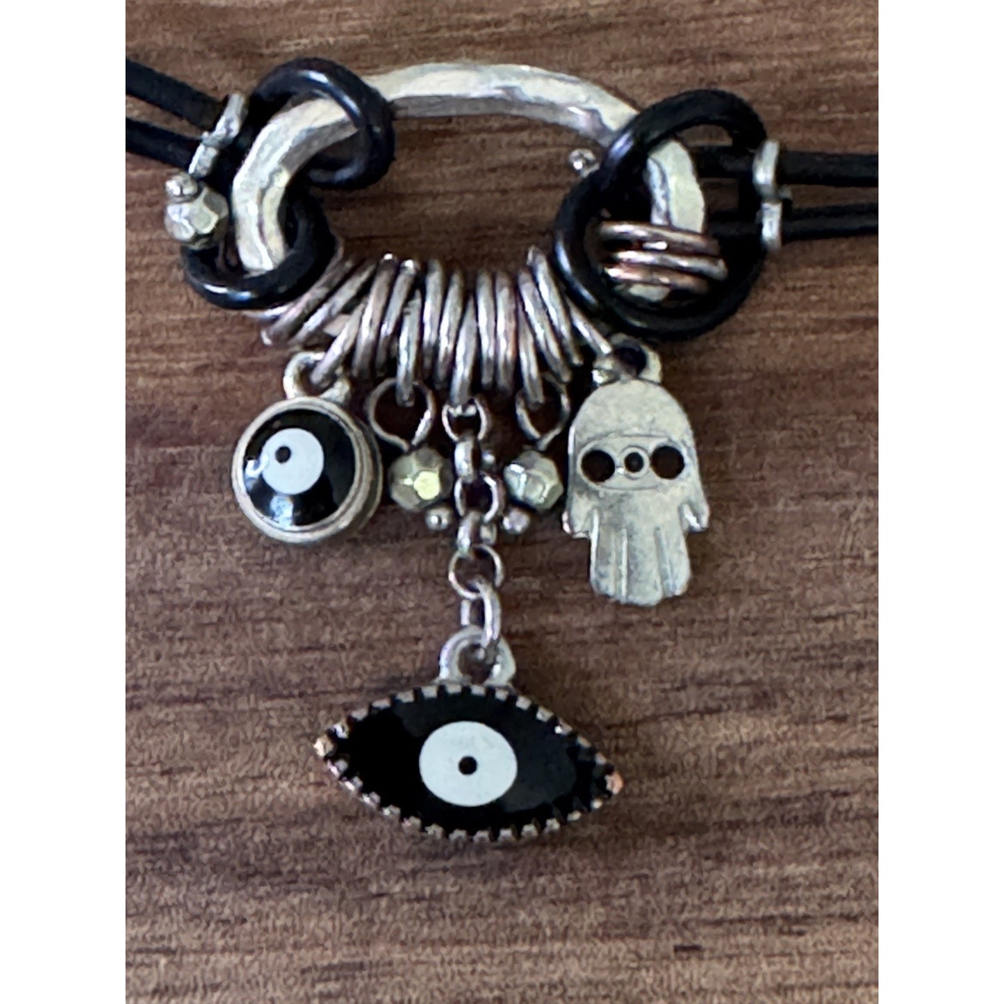 Silver Plated Black Leather Be Happy Evil Eye and Hamsa Hand Beaded Bracelet