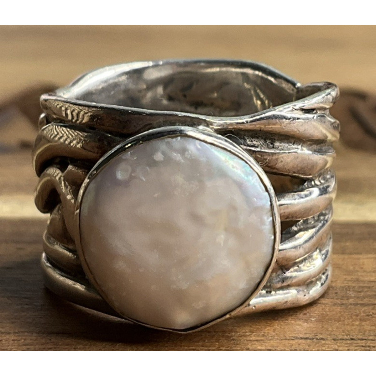 Retired Silpada Mermaid White Coin Pearl Sterling Silver Woven Band Ring Size 7