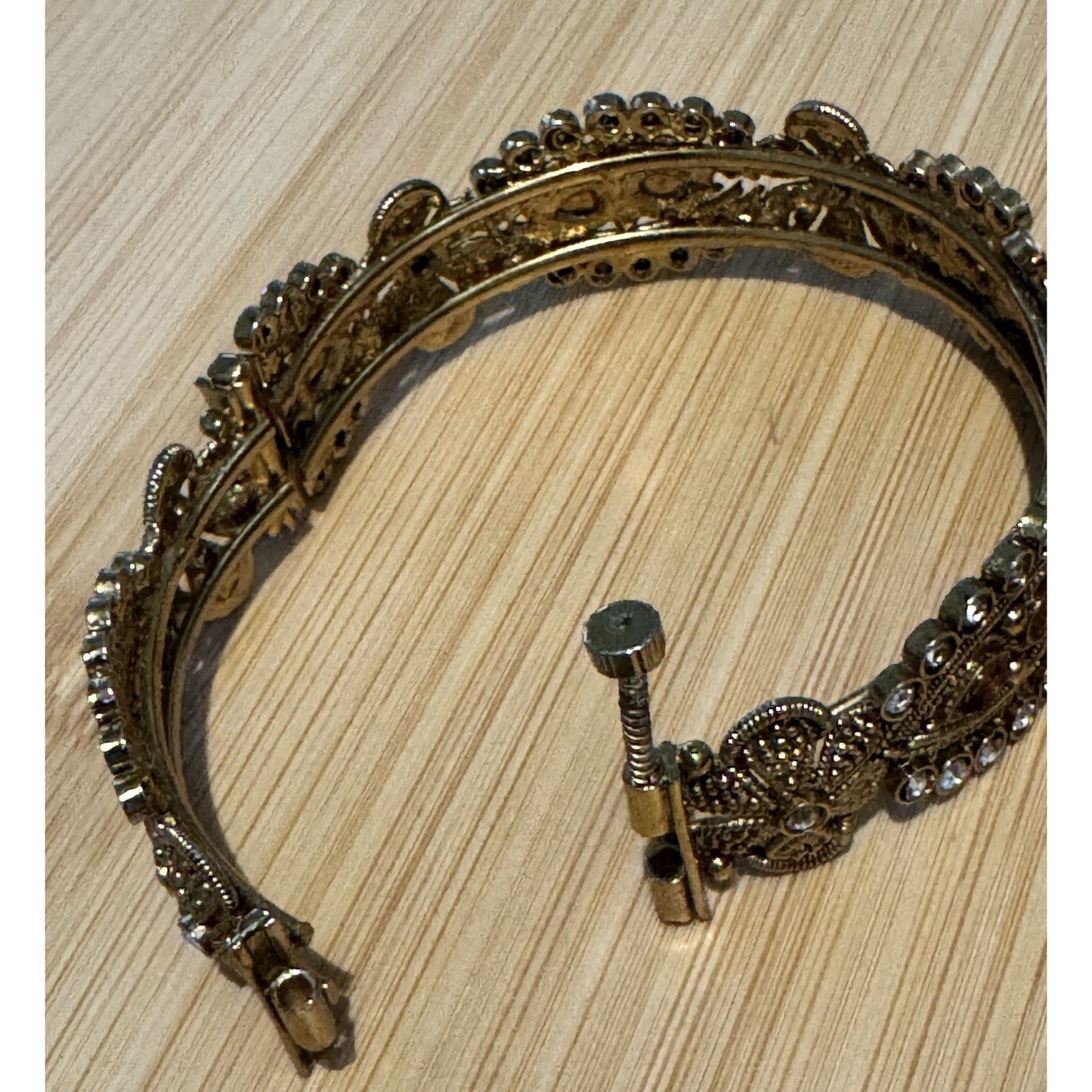Vintage Etruscan Revival Filigree Rhinestone Amber Glass Bracelet