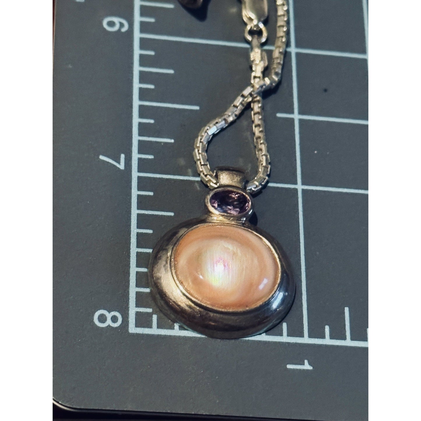 Vintage 925 Amethyst Mother Pearl With Necklace 7g FAS Italy Mirror Box Chain 16