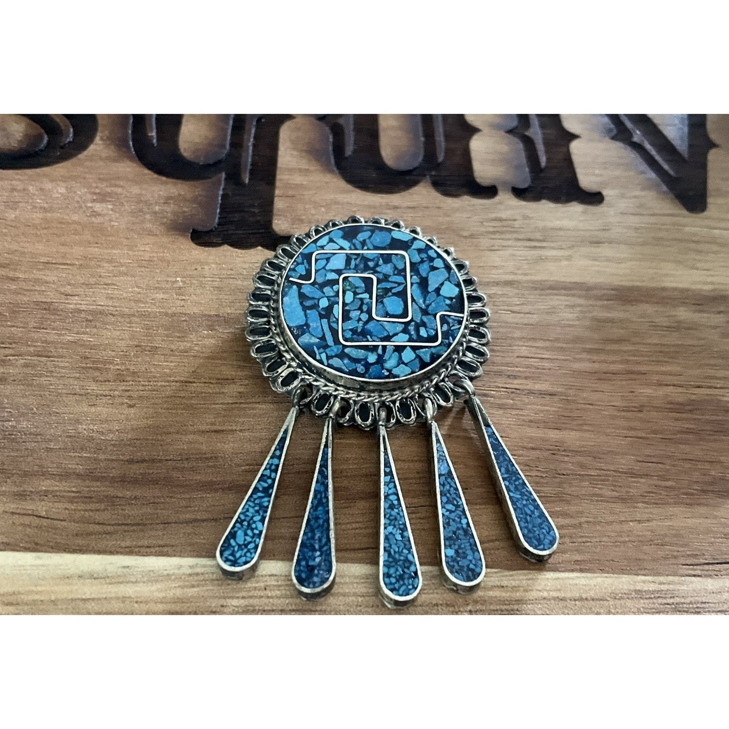 Vintage 925 Sterling Silver Turquoise Inlay Southwestern Pendant Pin Brooch 9.9g