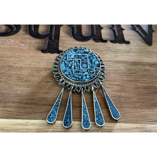 Vintage 925 Sterling Silver Turquoise Inlay Southwestern Pendant Pin Brooch 9.9g