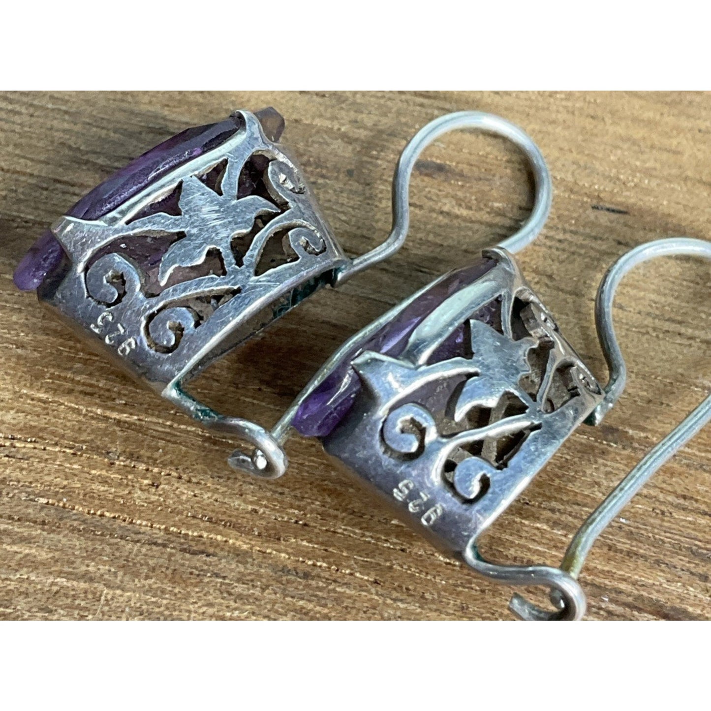 Vintage Sterling Silver Purple Amethyst Gemstone Marquise Leverback Earrings
