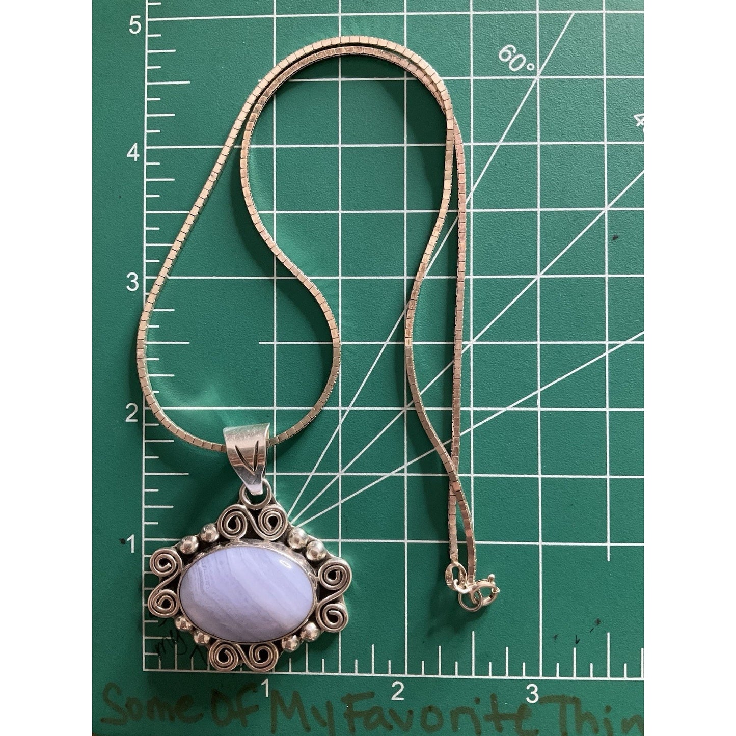 Vintage Mexico 925 Sterling Blue Banded Agate Pendant Necklace Ornate Scroll