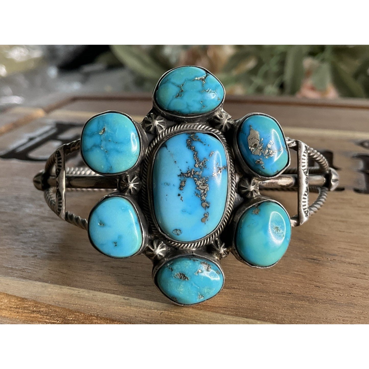 Vintage RB 925 Sterling Silver Turquoise Cluster Cuff Bracelet S/M