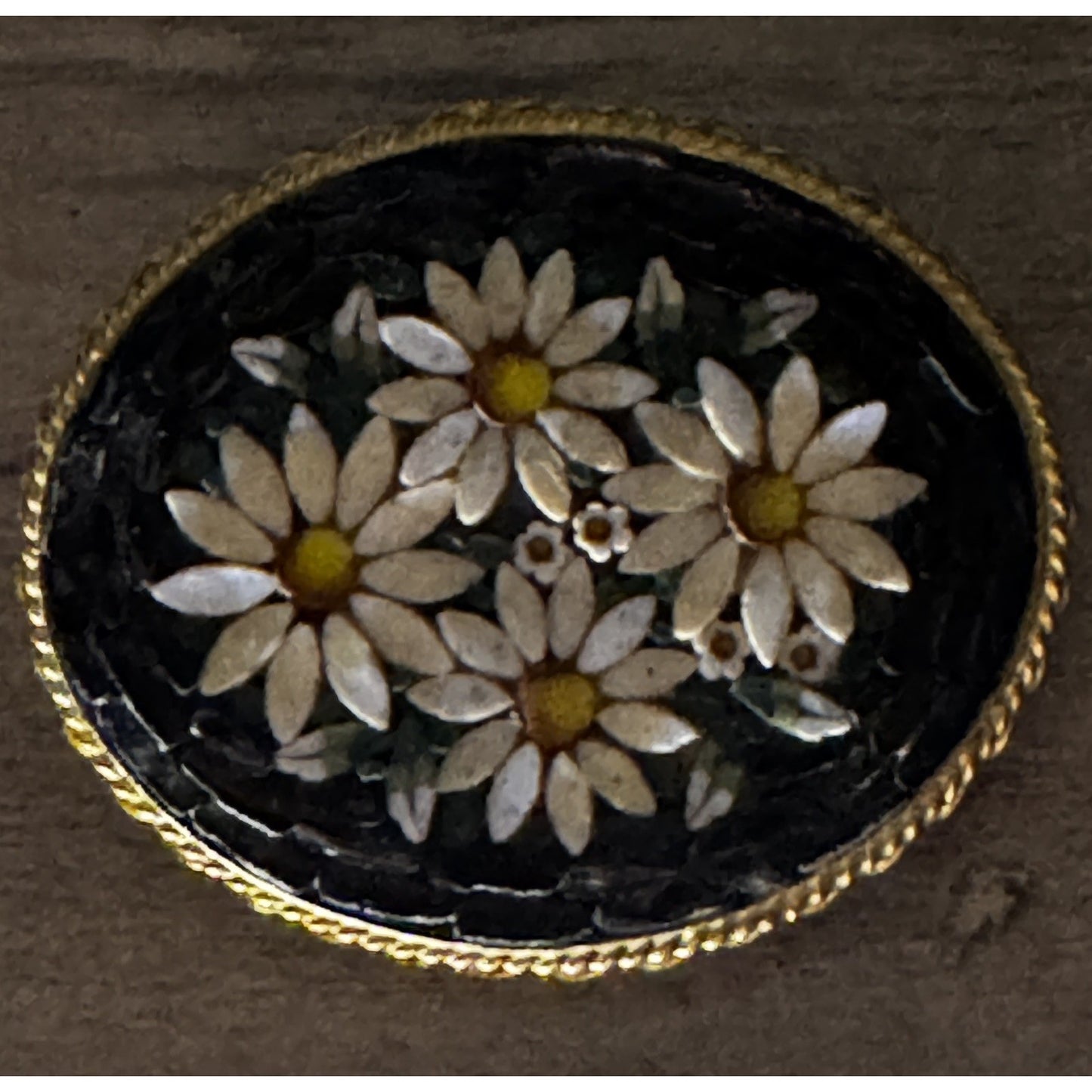 Vintage Italian Micro Mosaic Daisy Floral Black Mid Century Brooch Made In Italy