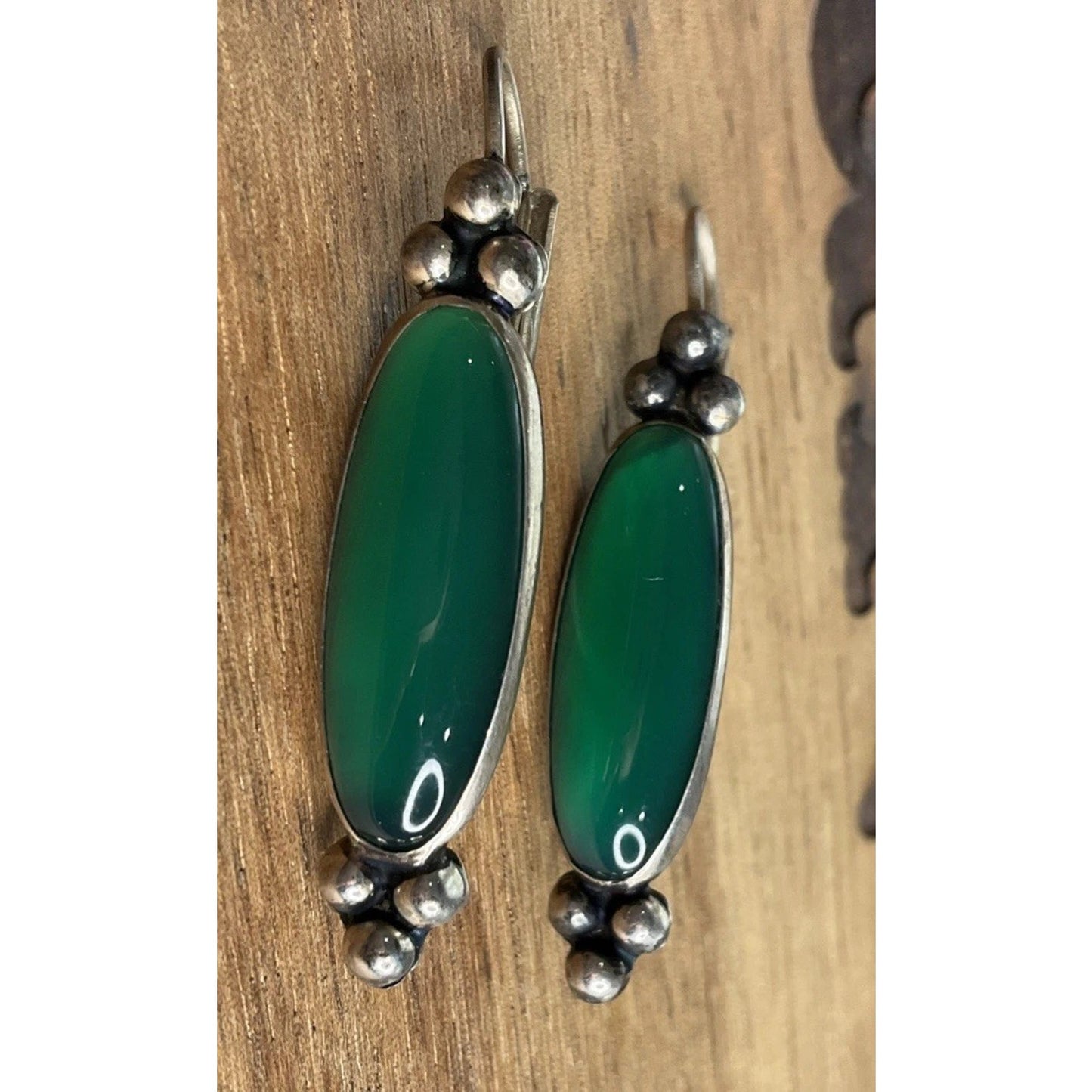 Vintage Sterling Silver Green Stone Bar Dangle 925 Earrings Boho Southwestern
