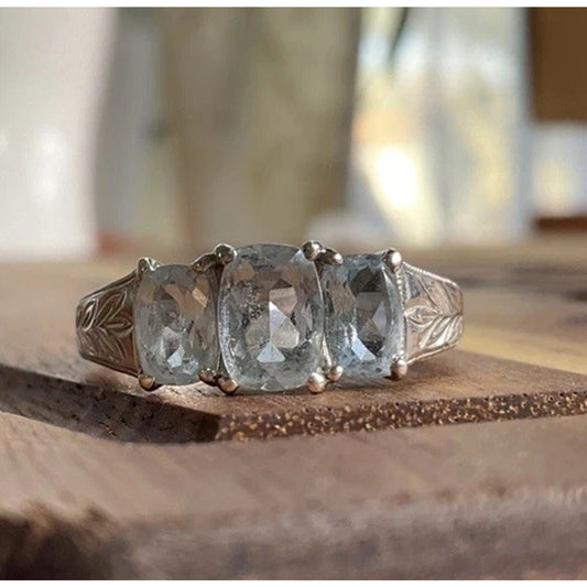 Vintage Style 3 Stone Ring 925 Sterling Silver Cushion Cut Trilogy Ring Size 7.5