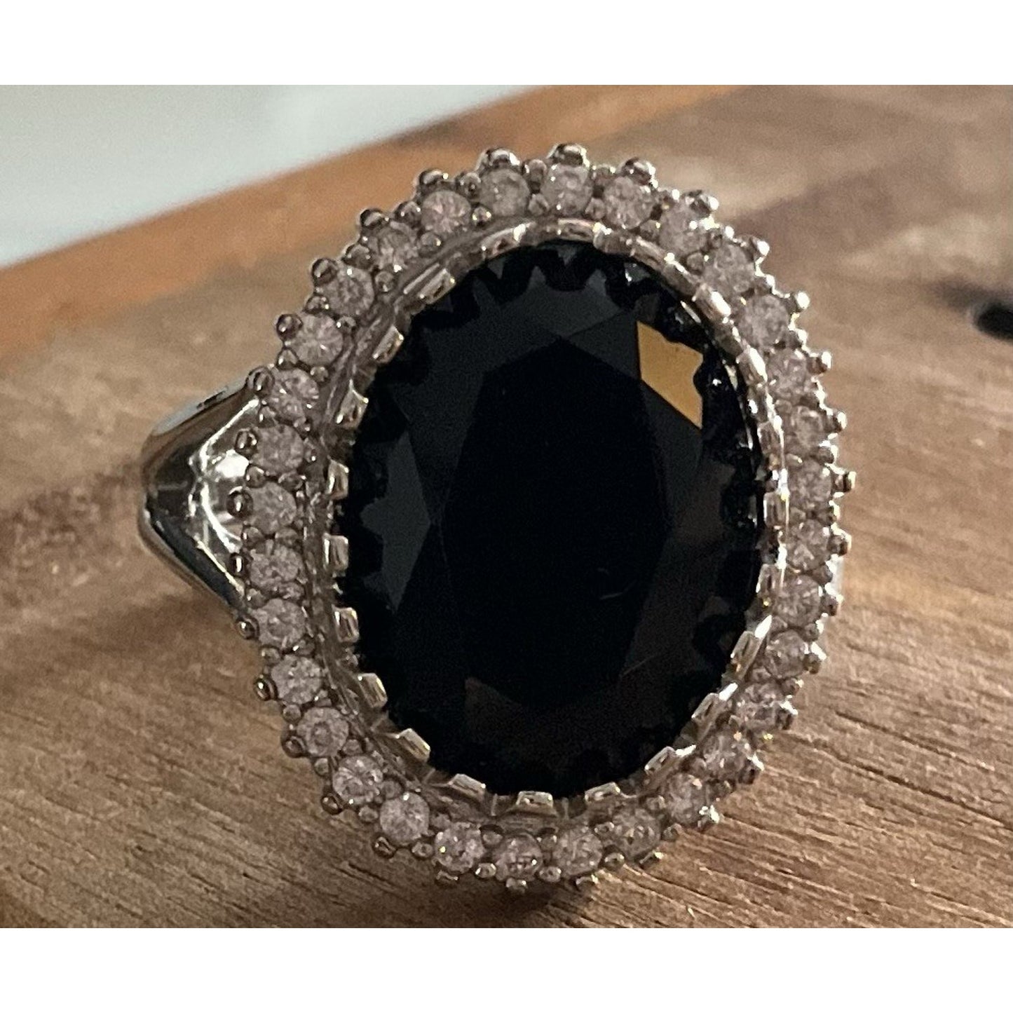 Sterling Silver Black Onyx Ring Size 9 Large Oval Halo CZ Statement Ring 925