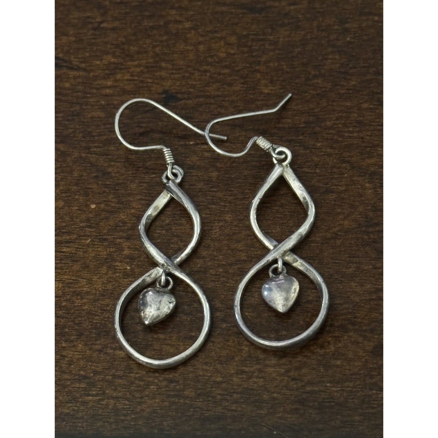 Vintage 90s Sterling Silver 925 Dangle Drop Infinity Heart Hook Earrings 2” Long