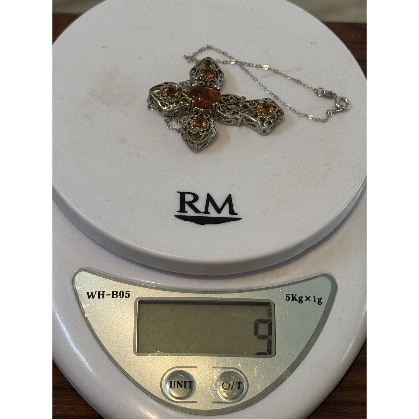 Vintage Amber & Citrine Sterling Silver Two Tone Cross And 925 Necklace 20”