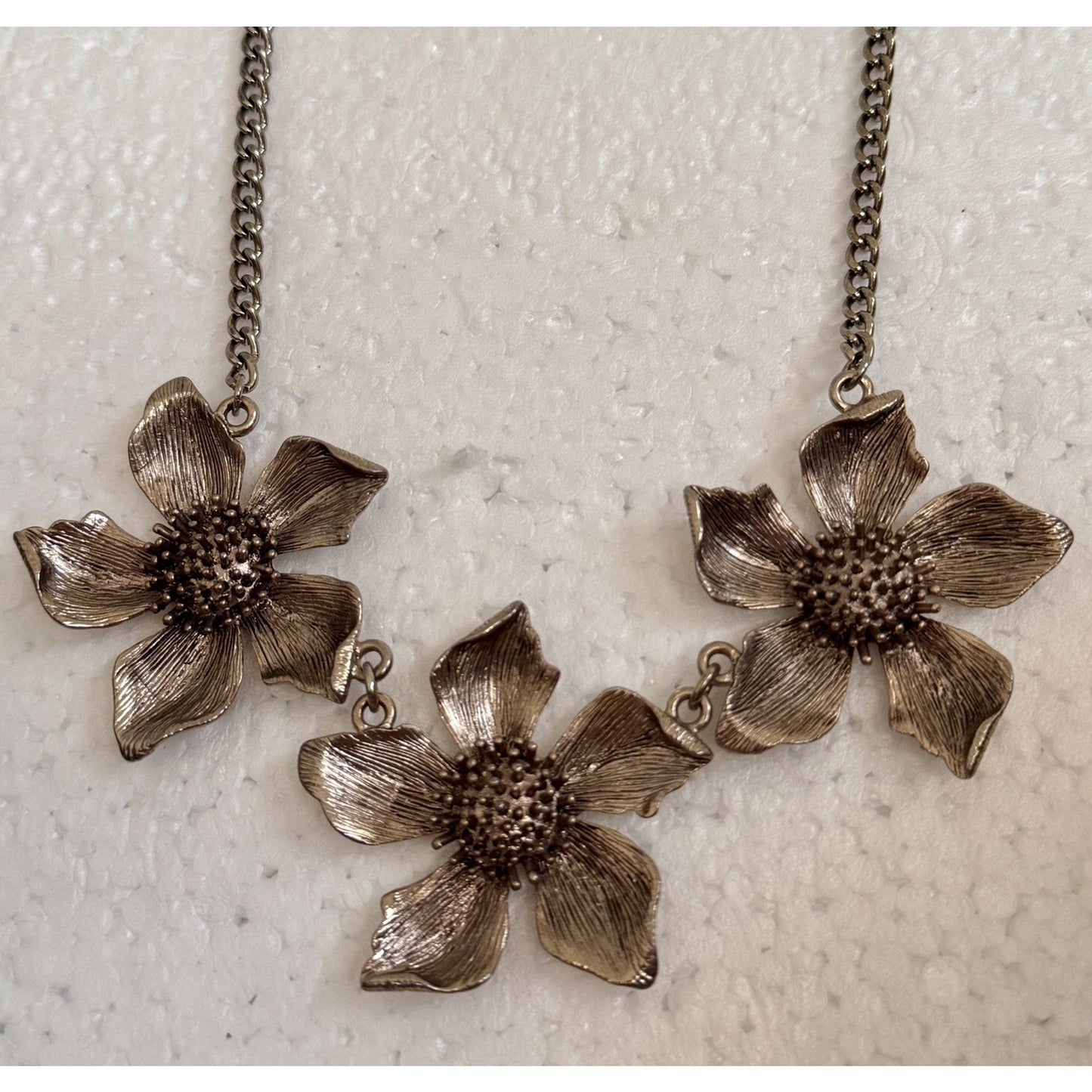 Silver Tone Triple Dogwood Flower Linked Statement Necklace 16-19”