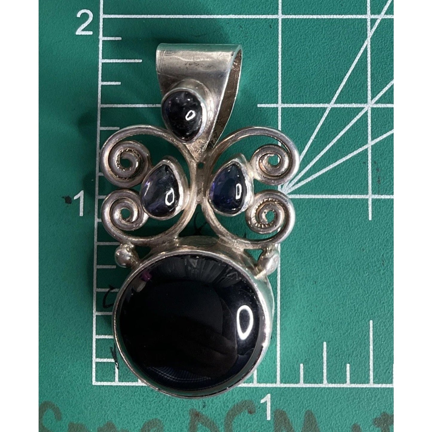 Vintage Sterling Silver Onyx & Amethyst Pendant Artisan Scroll Design