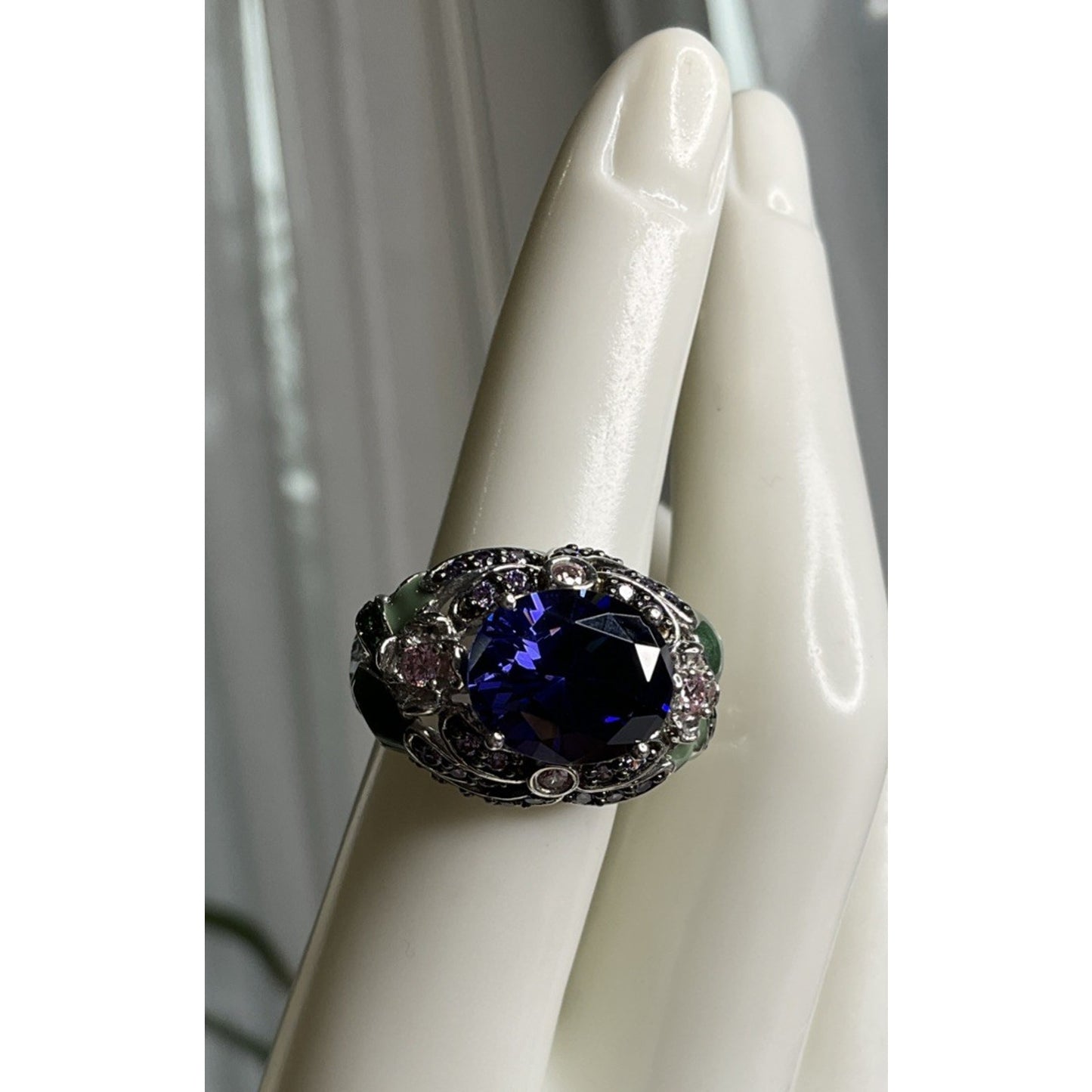 Sterling Silver 925 Blue CZ Cocktail Ring Ornate Enamel Statement Ring Size 6.5