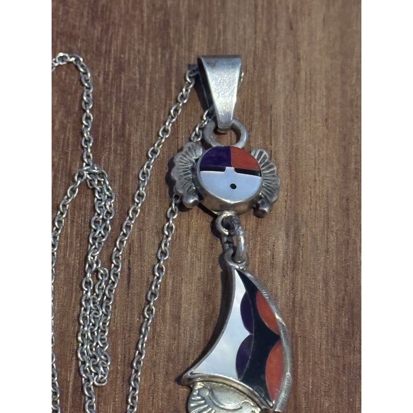Sterling Silver Sunface Inlay Pendant Artisan Design 7.4g Dangle Necklace 18”