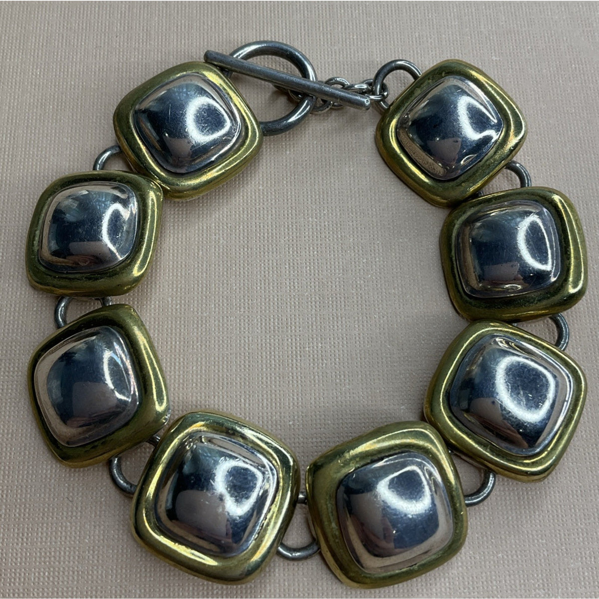 Mexico 925 Sterling Silver Two Tone Square Link Bracelet 36g Toggle 7.5”