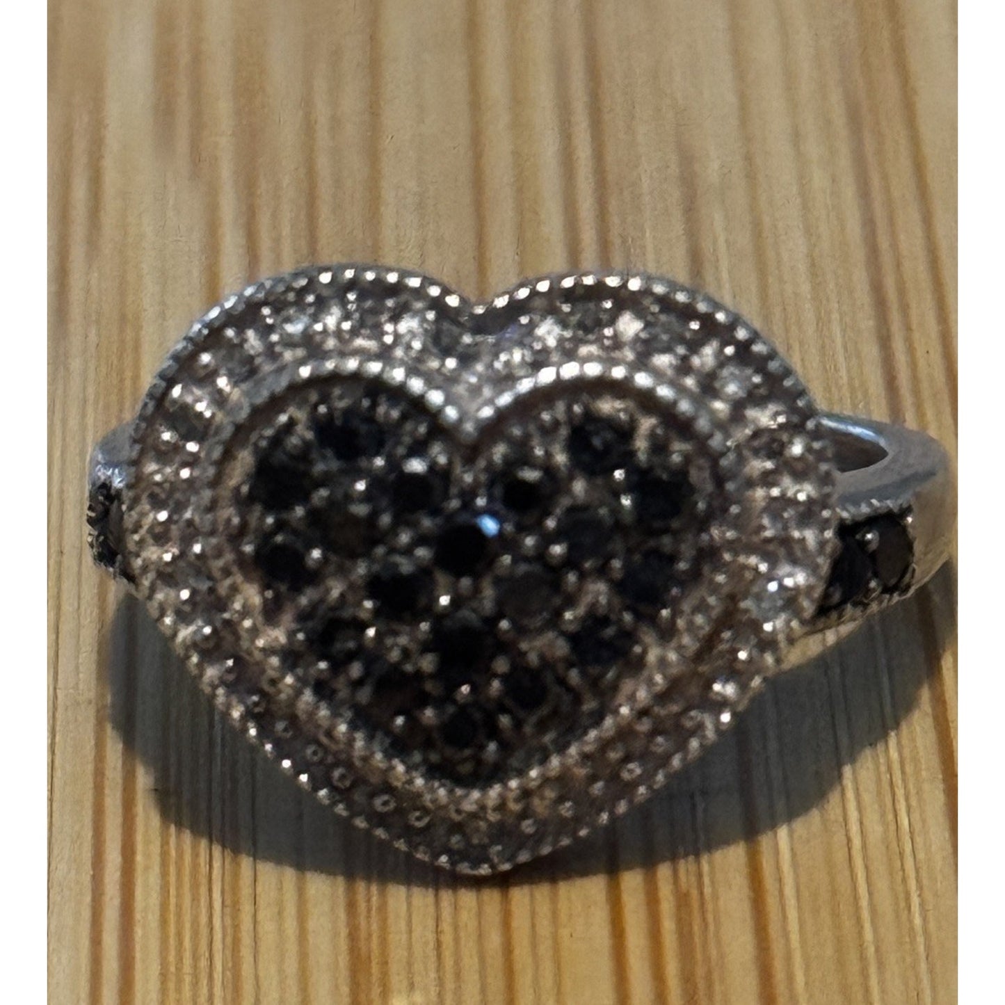Vintage Sterling Silver Black and White Moissanite Heart Cluster Ring Size 7.5