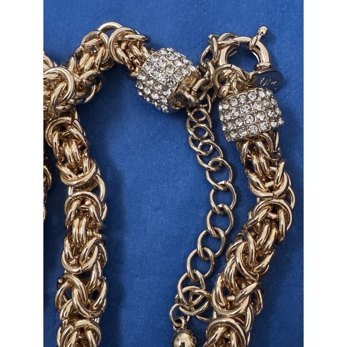Premier Designs OPC 32” Heavy Byzantine Gold Tone Necklace 176g Rhinestone Caps