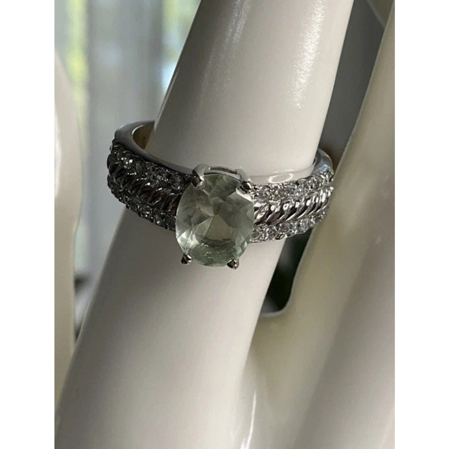 Sterling Silver Green Gemstone Halo Ring Oval Statement Ring 925 Size 8