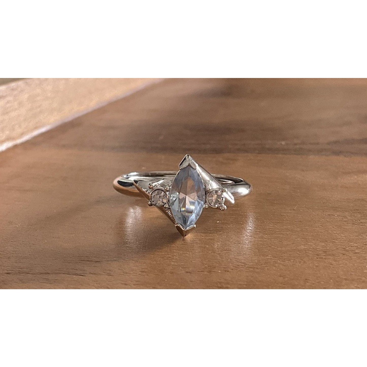 Vintage Sterling Silver 925 Blue Topaz Marquise Ring w CZ Accents Size 8.5
