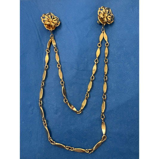 Vintage Gold Tone Sweater Guard Floral Double Clip Chain 1960s Cottagecore Retro