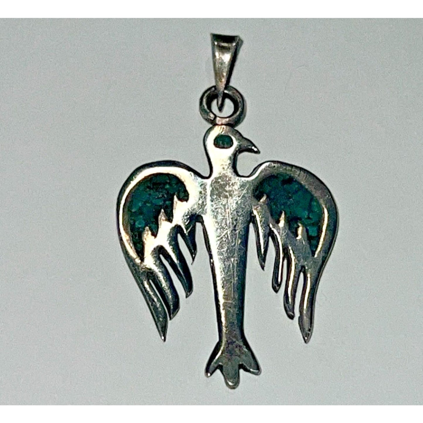 Vintage Sterling Silver Thunderbird Pendant Turquoise Chip Inlay ANT 925