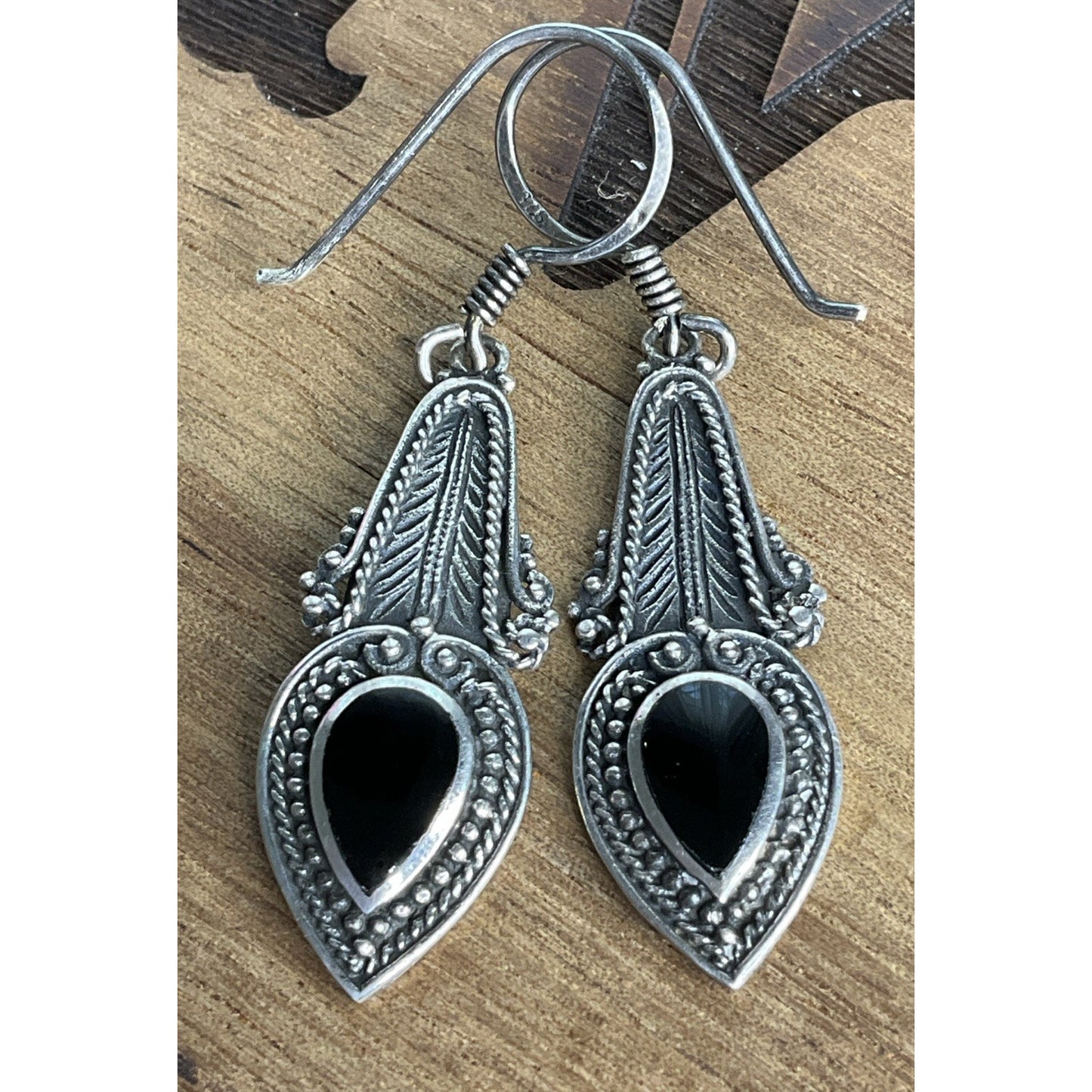 Vintage Boma Sterling Silver Black Onyx Teardrop Bali Style Dangle Drop Earrings