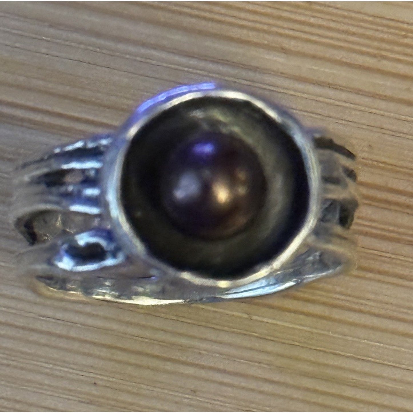 Vintage Genuine Dark Pearl Modernist Sterling Silver 925 Ring Size 8