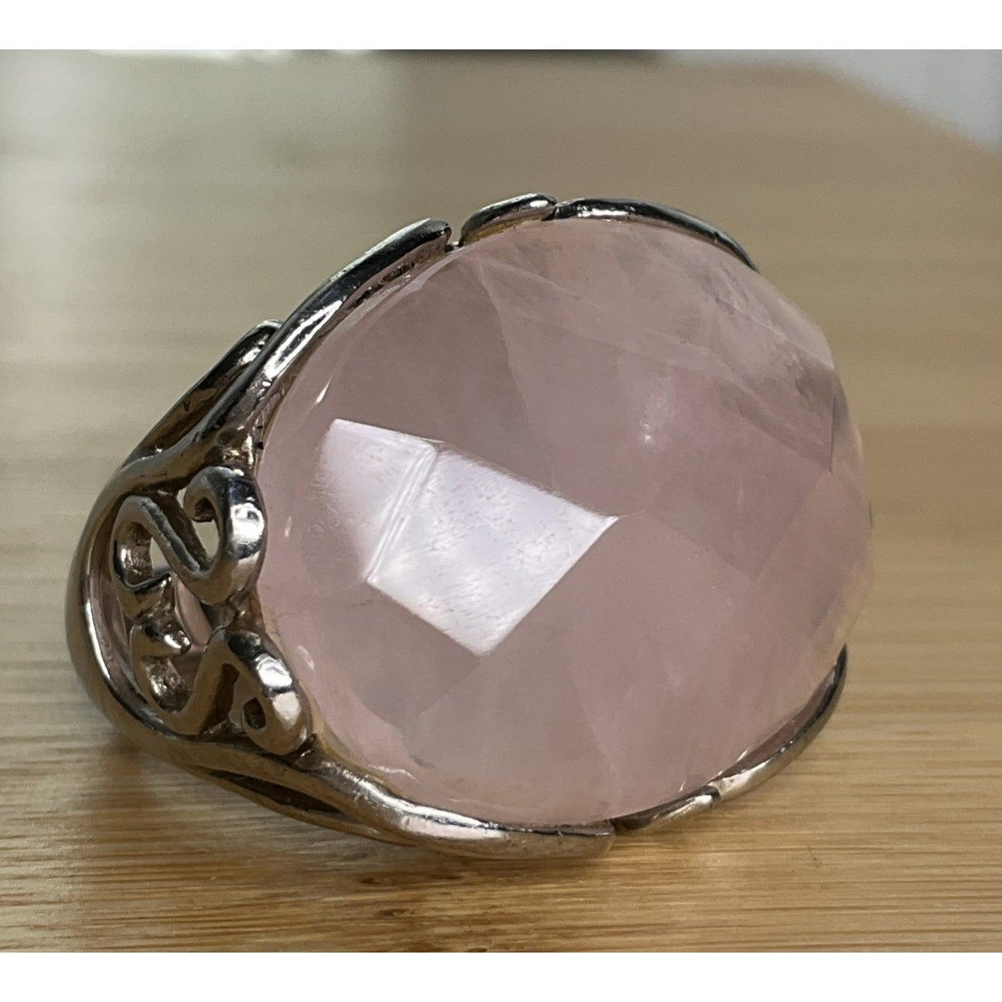 Vintage Sterling Silver Pink Faceted Rose Quartz Statement Ring Size 8.5