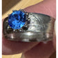 Vintage Thai Sterling Silver Blue Topaz Ring Wide Engraved Band