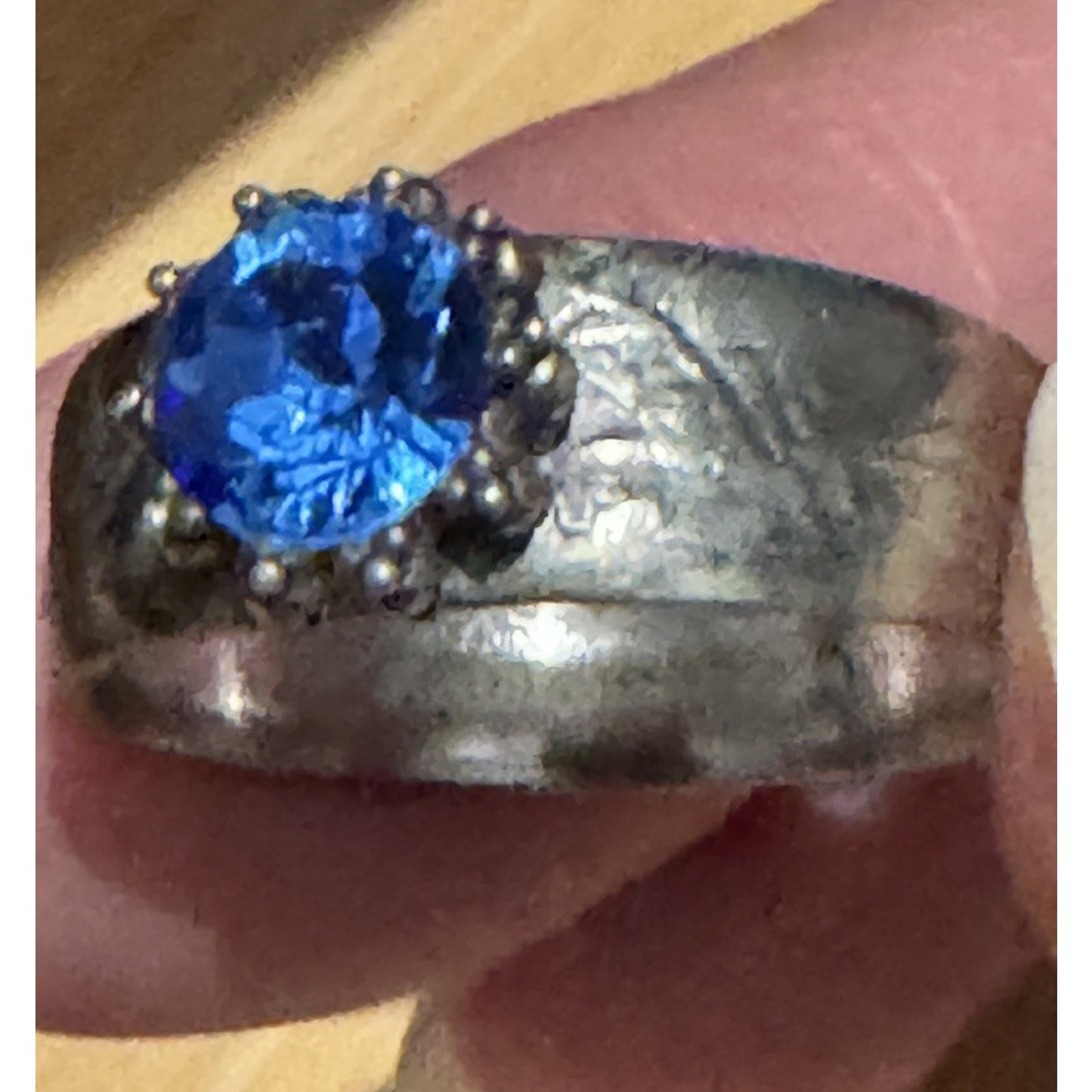 Vintage Thai Sterling Silver Blue Topaz Ring Wide Engraved Band