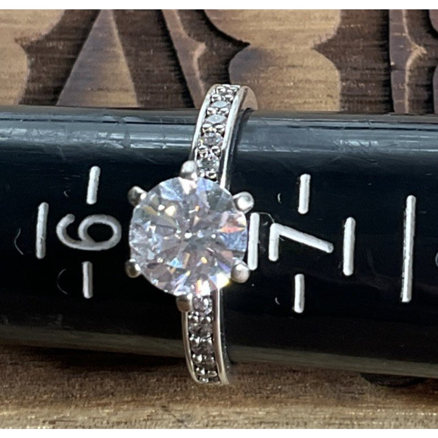SU Sterling Silver Glass Solitaire Ring Moissanite Accents Size 6.5