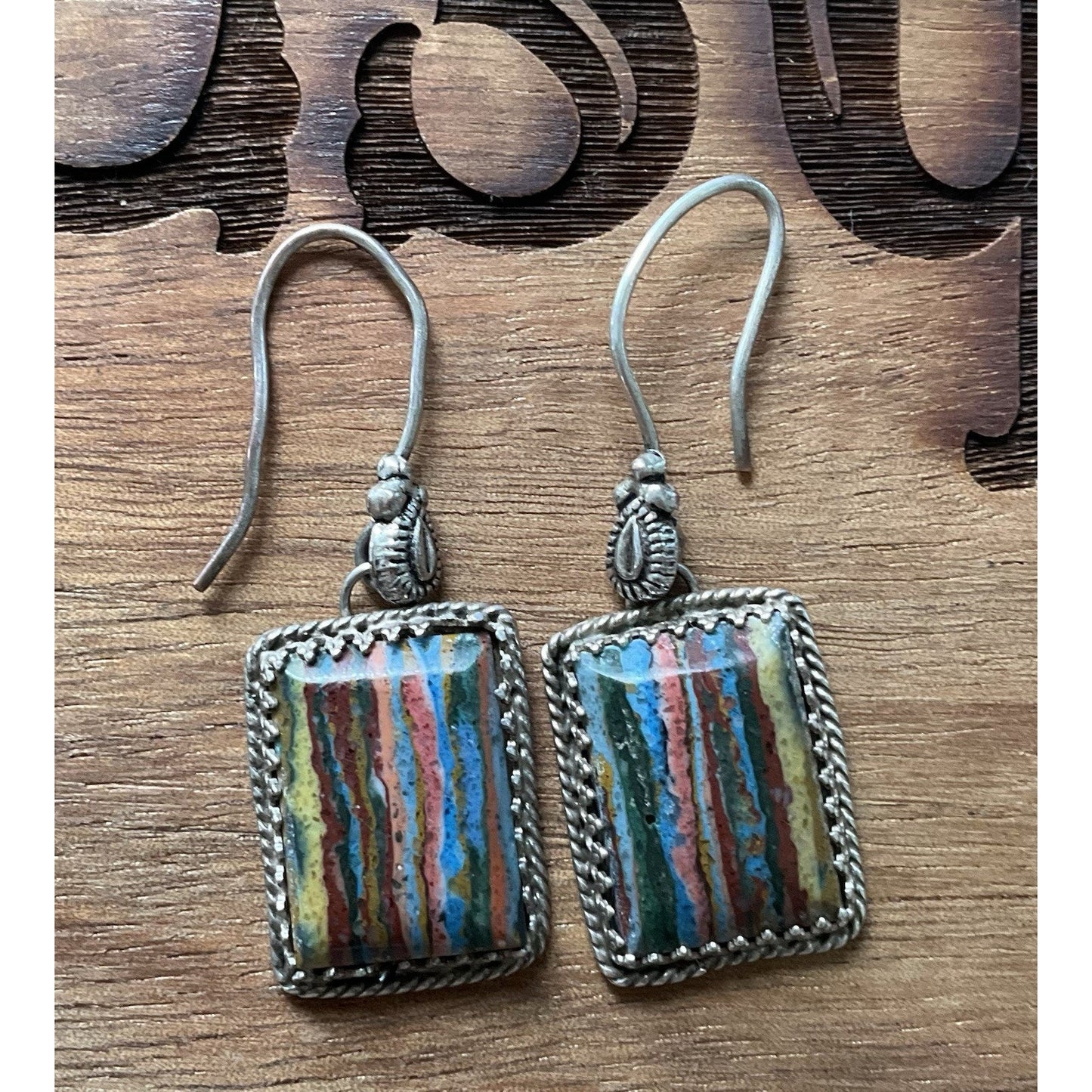 Don Lucas Navajo DF Sterling Rainbow Calsilica Earrings Southwest Artisan Silver