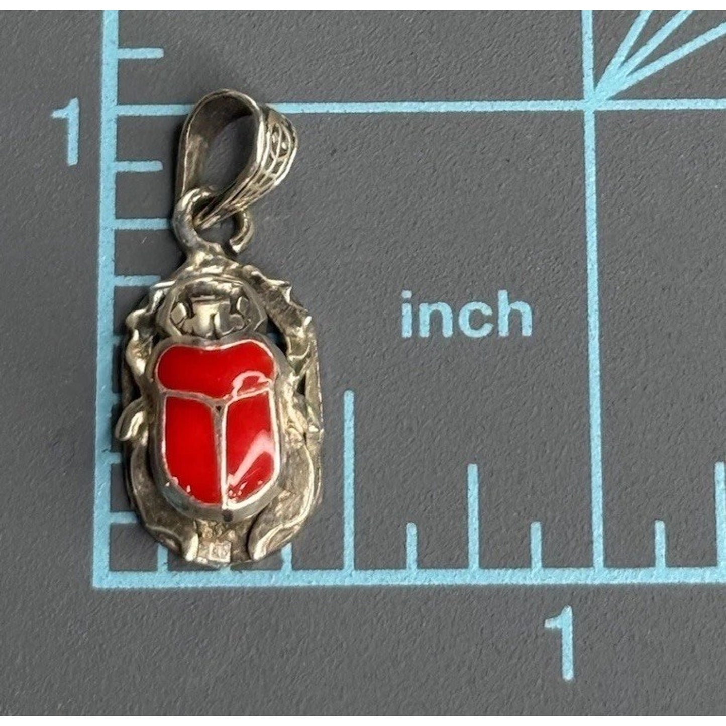 Vintage Sterling Silver & Red Enamel Egyptian Scarab 925 Pendant Or Charm