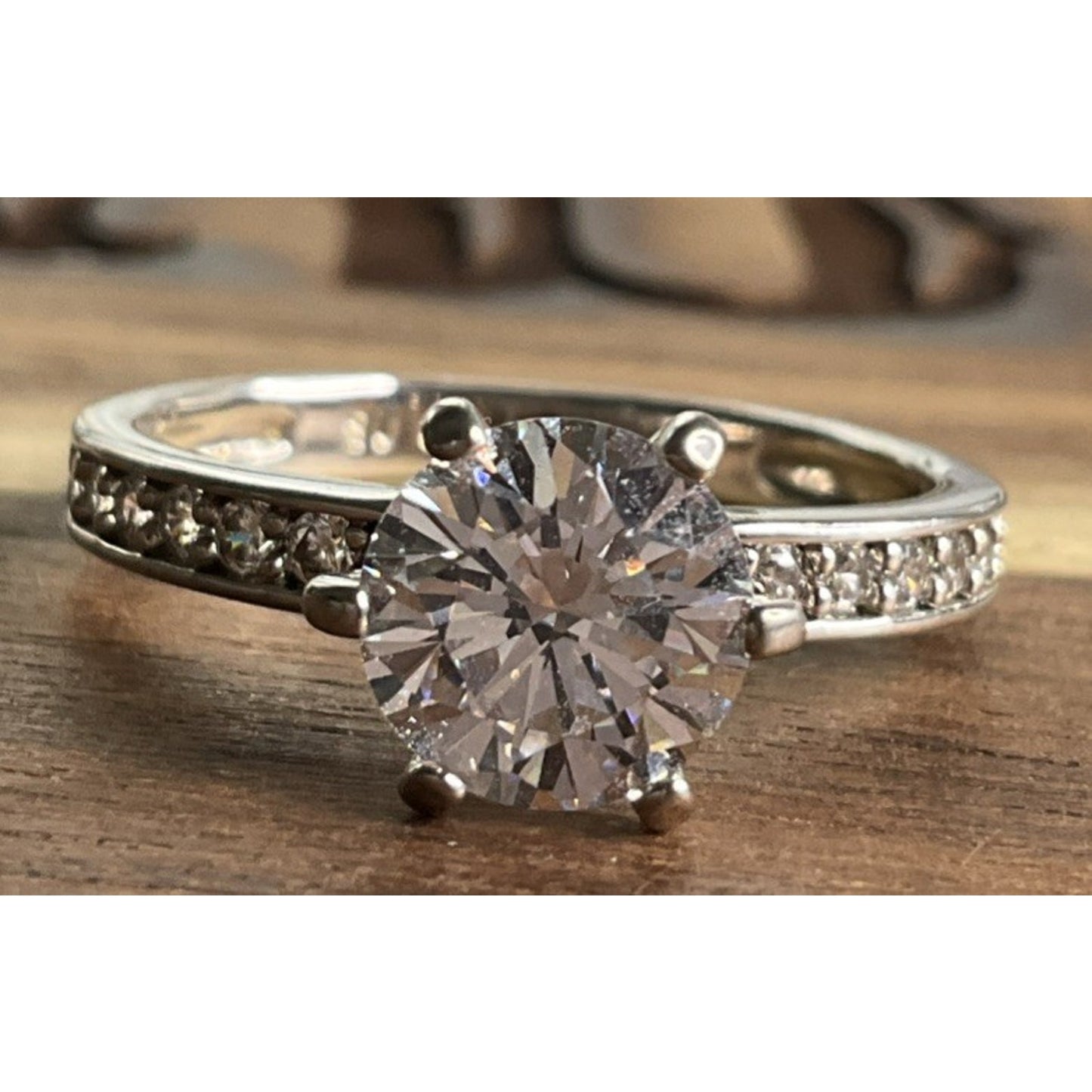 SU Sterling Silver Glass Solitaire Ring Moissanite Accents Size 6.5
