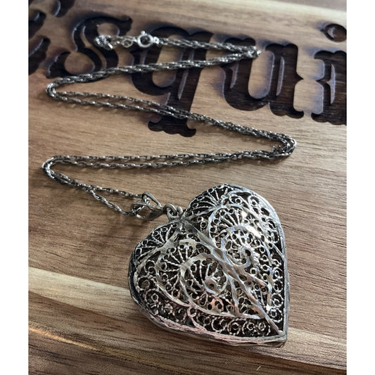 Vintage Sterling Silver Filigree Heart Pendant Necklace 925 Large Ornate Scroll