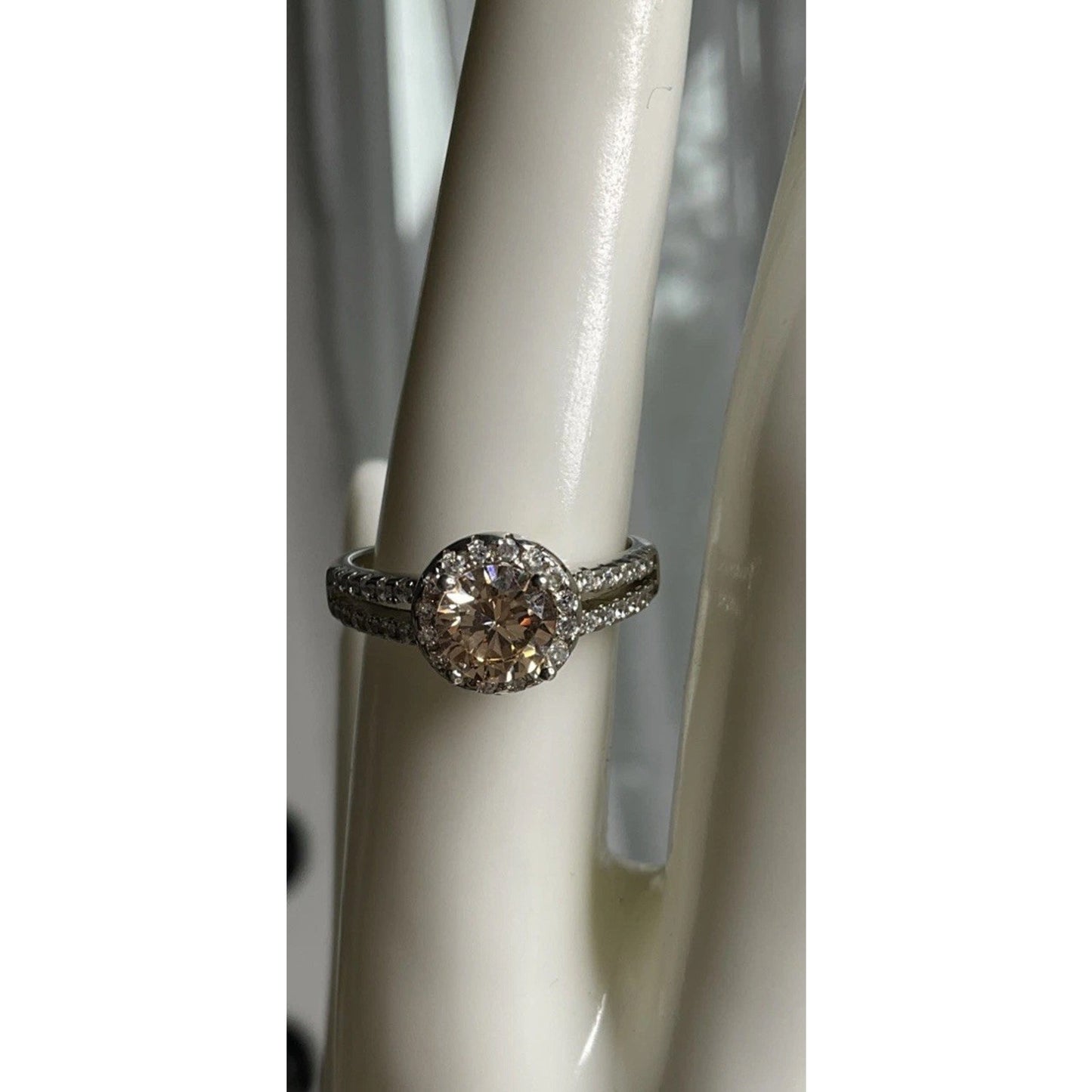 Sterling Silver Champagne CZ Halo Engagement Ring Size 7.5 Round Bridal