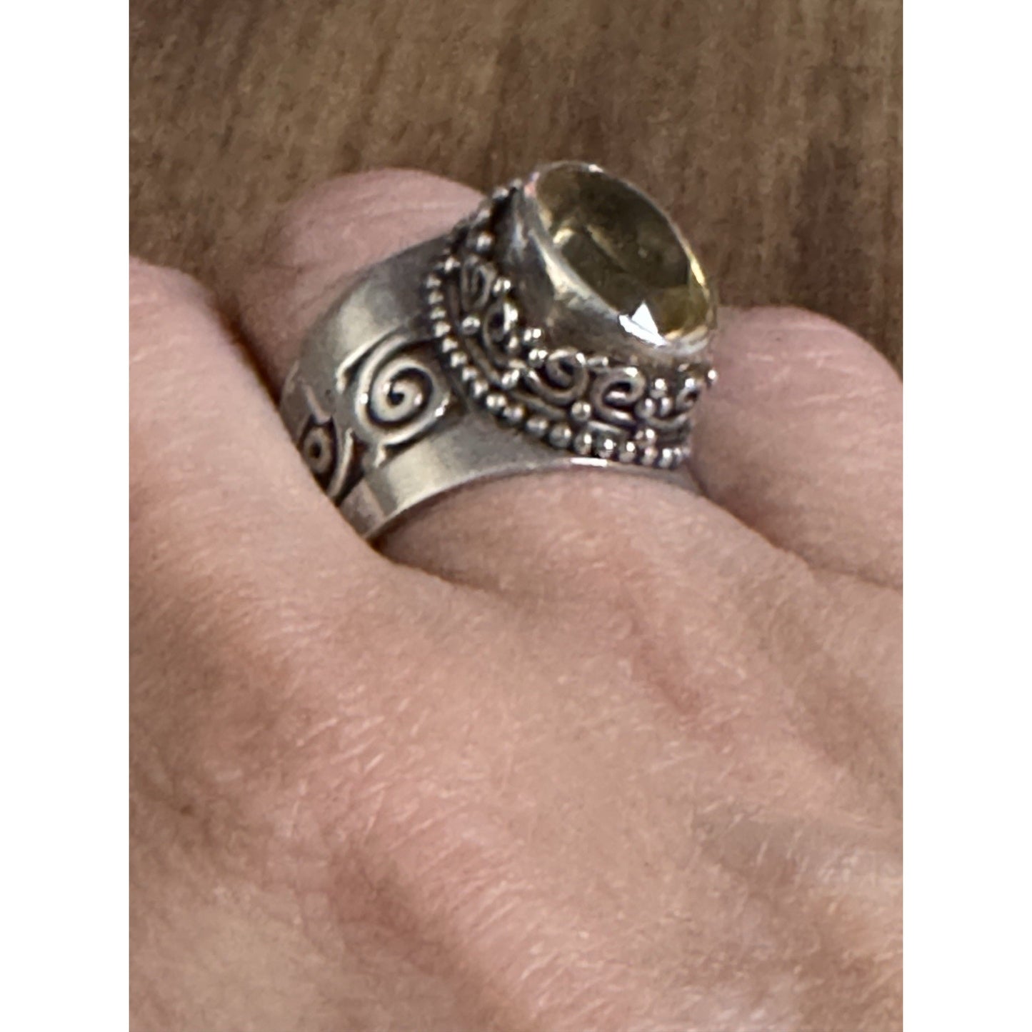 Vintage Sterling Silver Faceted Citrine Ring Sz 8.25 Artisan Filigree Swirl Band