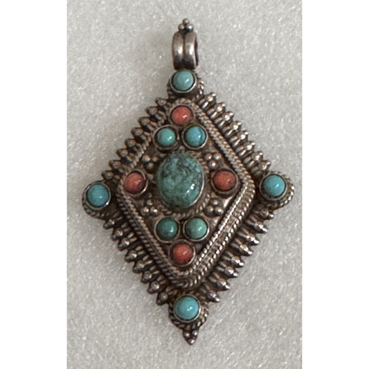Vintage Tribal Afghan Turquoise Coral Sterling Kuchi Southwestern Pendant 38g