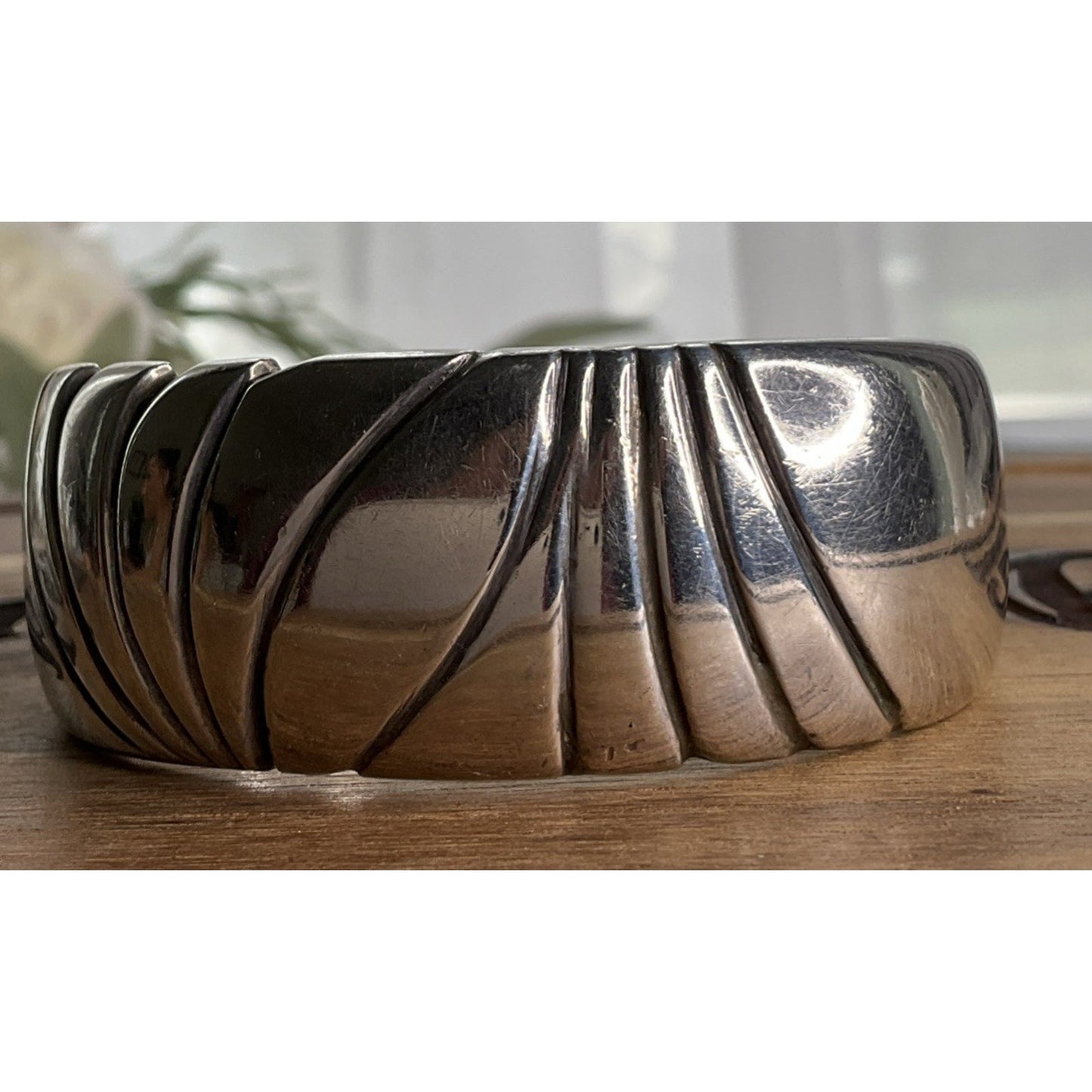 Vintage Sterling Silver Modernist Cuff Bracelet Heavy Ribbed Wide S-M 64 Grams!