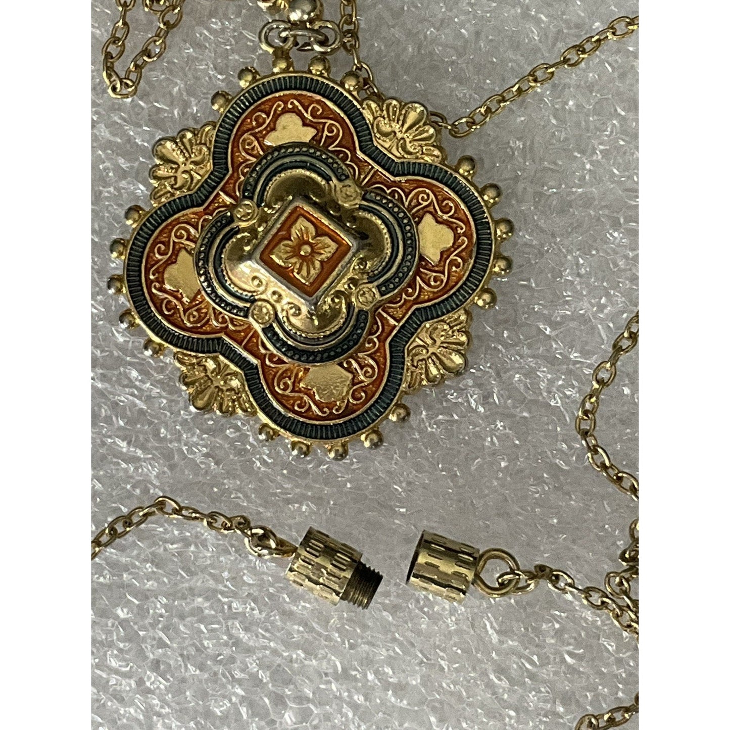 Vintage Gold Tone Damascene Style Necklace w/ Orange Enamel 16.5” Barrel Clasp