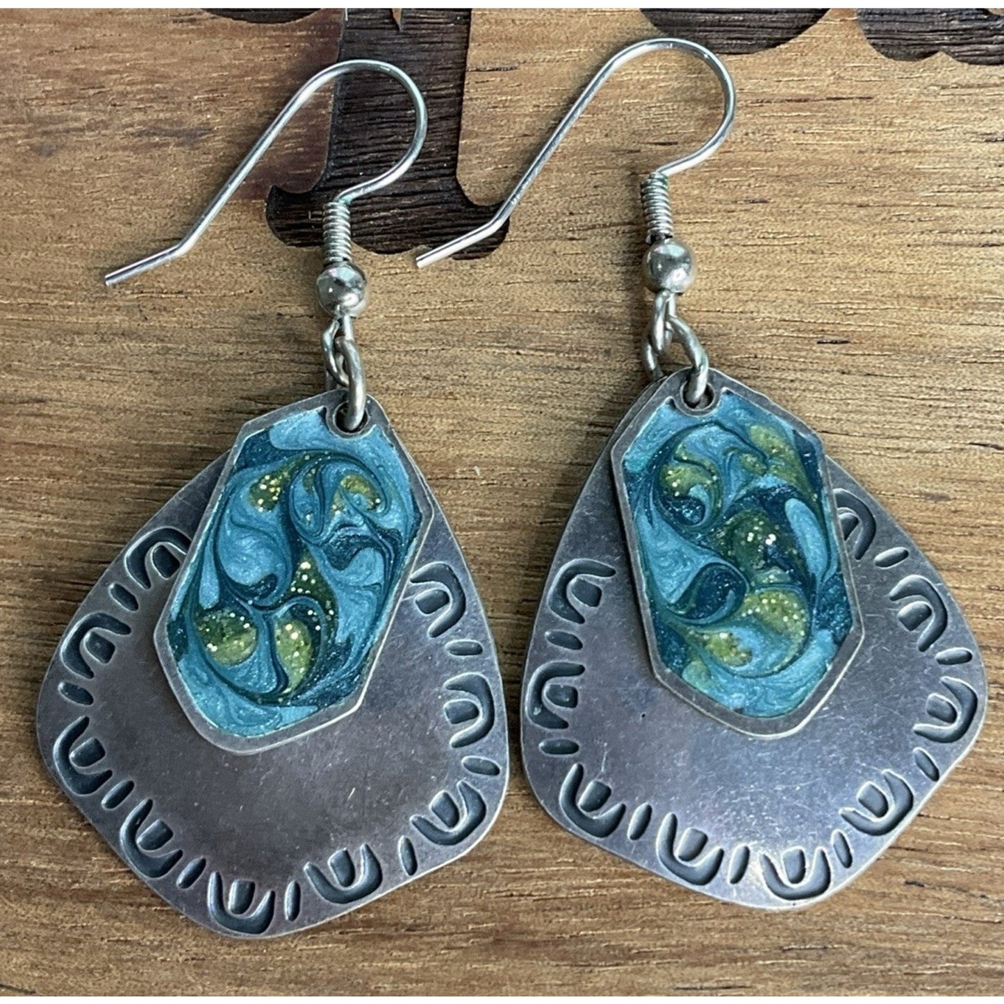 Vintage Sterling Silver Blue Enamel Mixed Metal Dangle 925 Earrings Signed NF