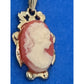 Vintage Cameo Pendant Turtle Frame Gold Tone Red White Lady 1.25"