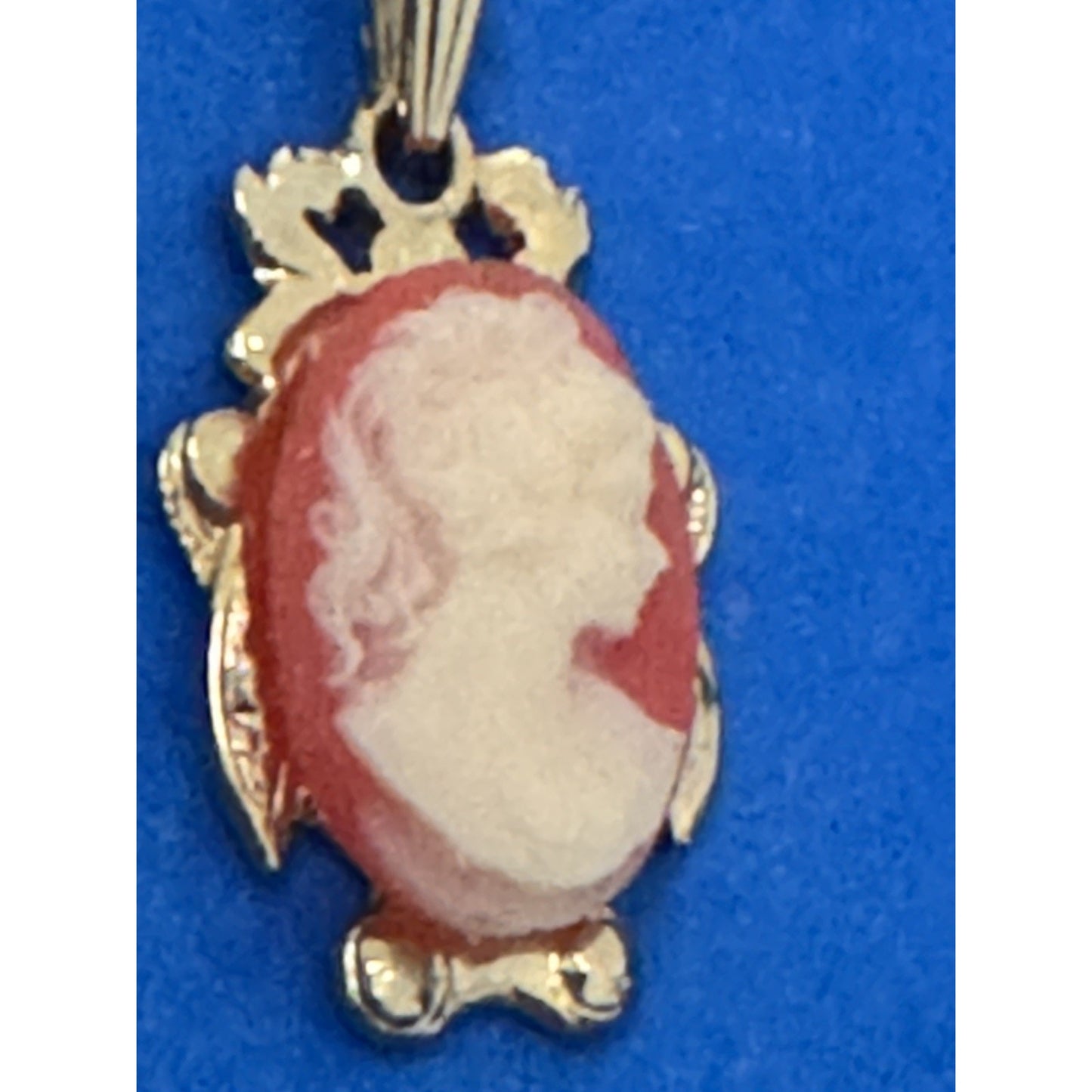 Vintage Cameo Pendant Turtle Frame Gold Tone Red White Lady 1.25"
